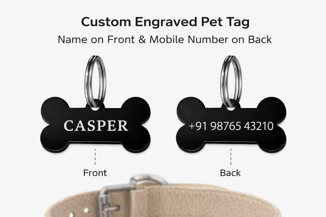 Custom Engraved Pet Name Tag with Mobile Number (Black & Silver)