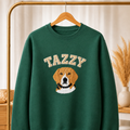 Forest Green custom pet embroidered varsity sweatshirt with Tazzy beagle portrait