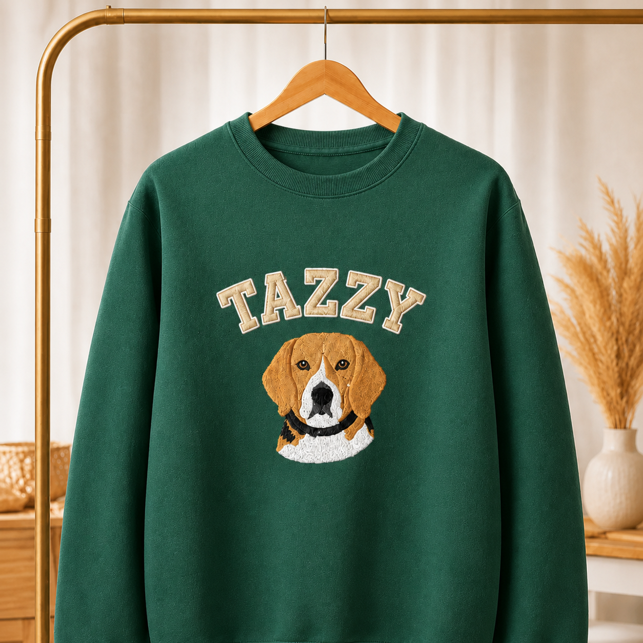 Forest Green custom pet embroidered varsity sweatshirt with Tazzy beagle portrait