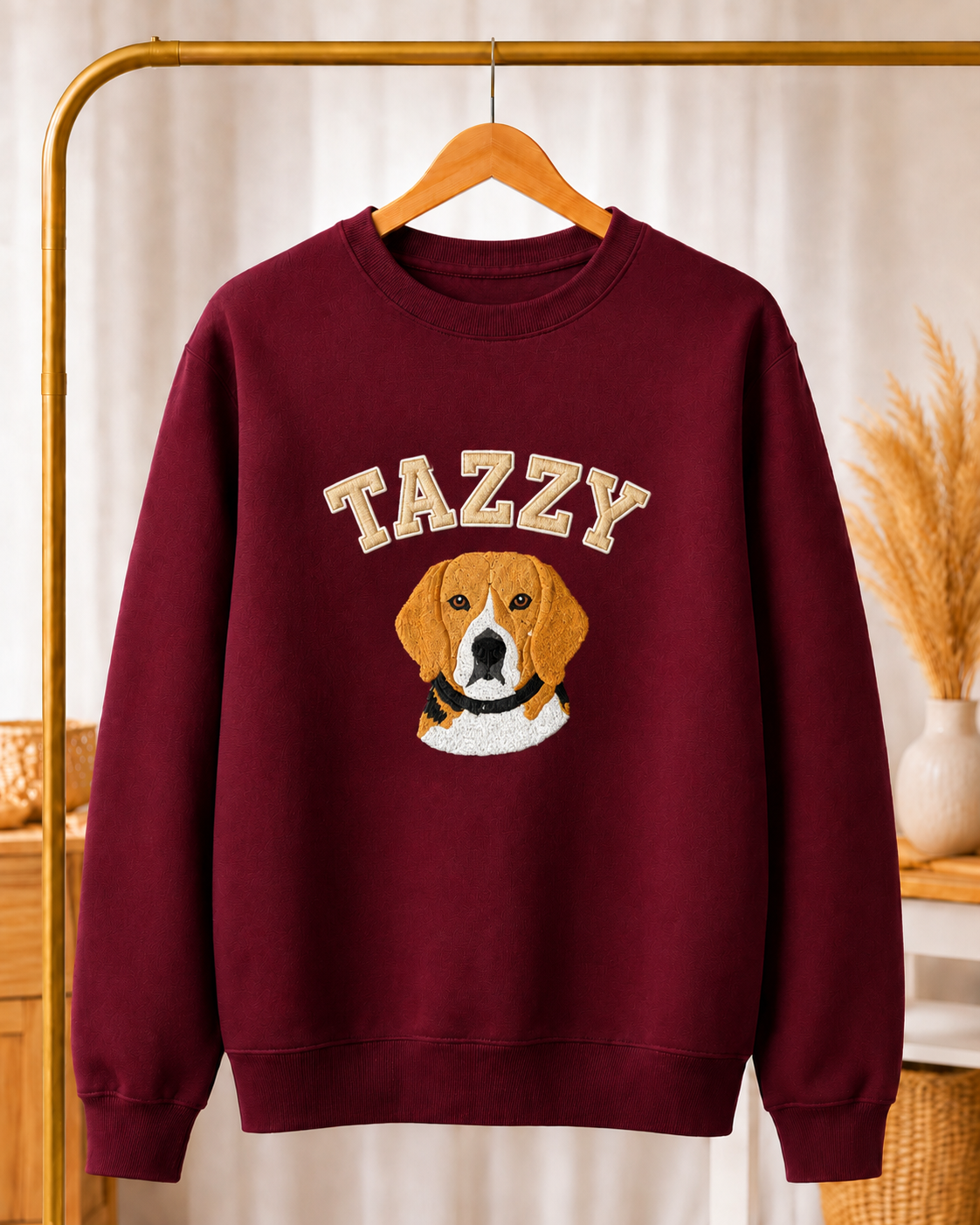 Maroon custom pet embroidered varsity sweatshirt with Tazzy portrait and name