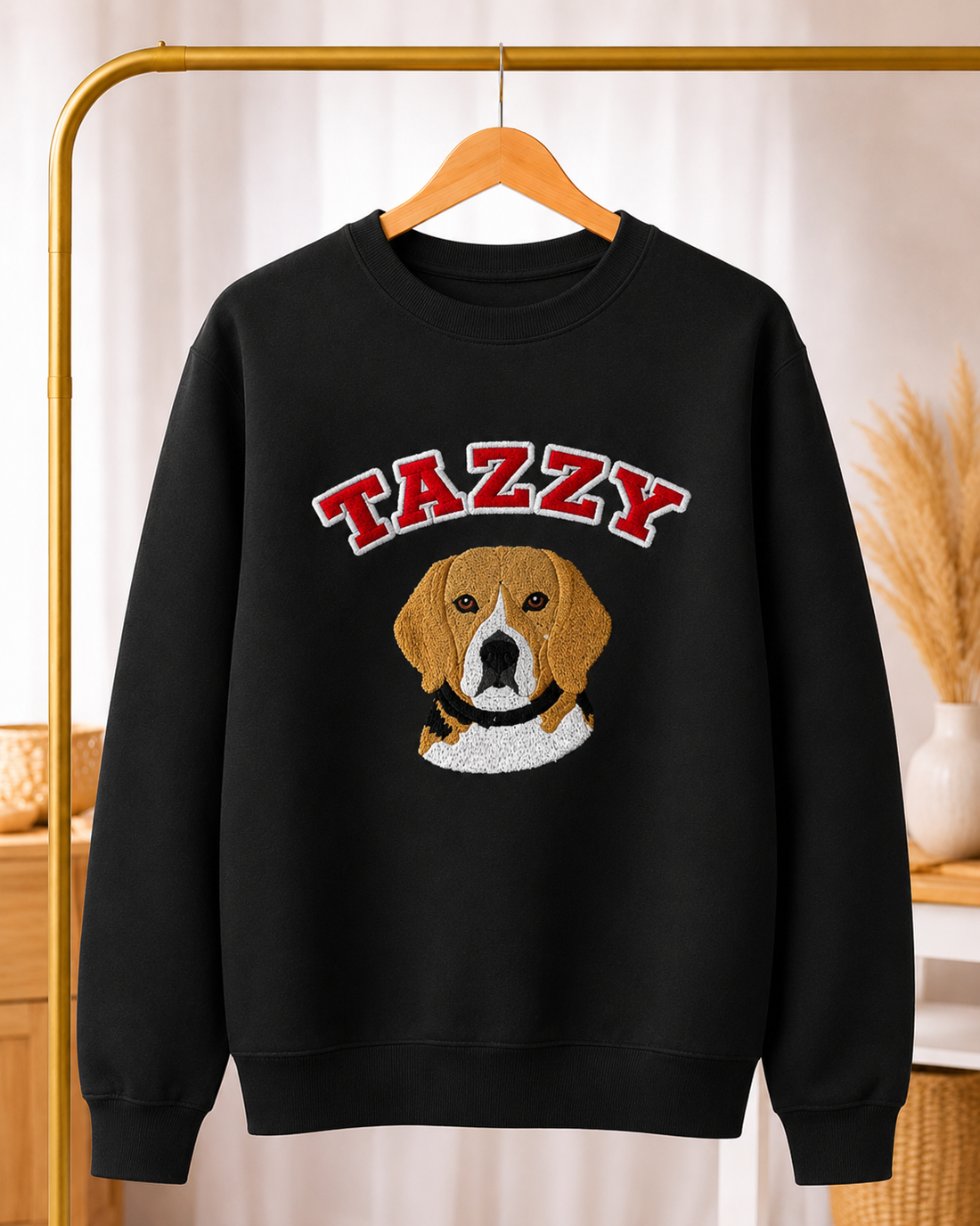 Maroon custom pet embroidered varsity sweatshirt with Tazzy portrait and name