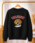 Black custom pet embroidered varsity sweatshirt with dog portrait and name