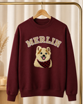 Maroon custom pet embroidered varsity sweatshirt with Merlin portrait and name