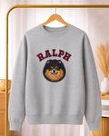 Gray custom pet embroidered varsity sweatshirt with Ralph portrait and name