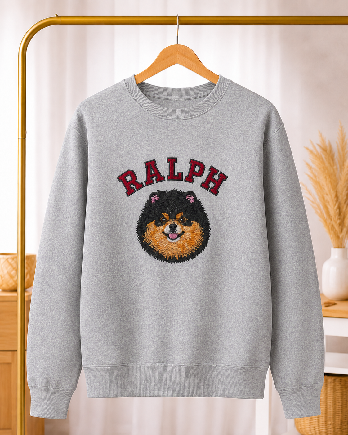 Gray custom pet embroidered varsity sweatshirt with Ralph portrait and name